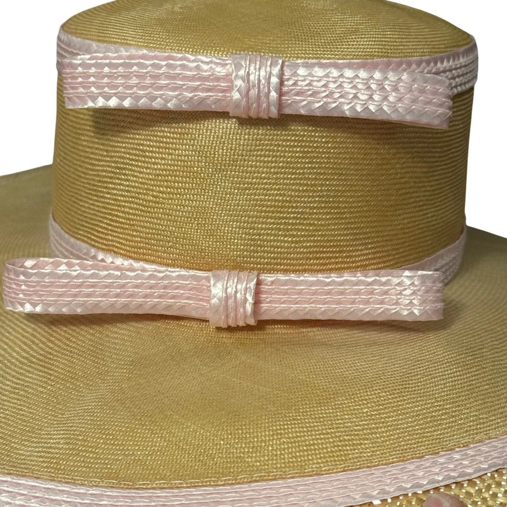 Oscar de la Renta Straw Wide-Brim Hat in Yellow with Pink Trim